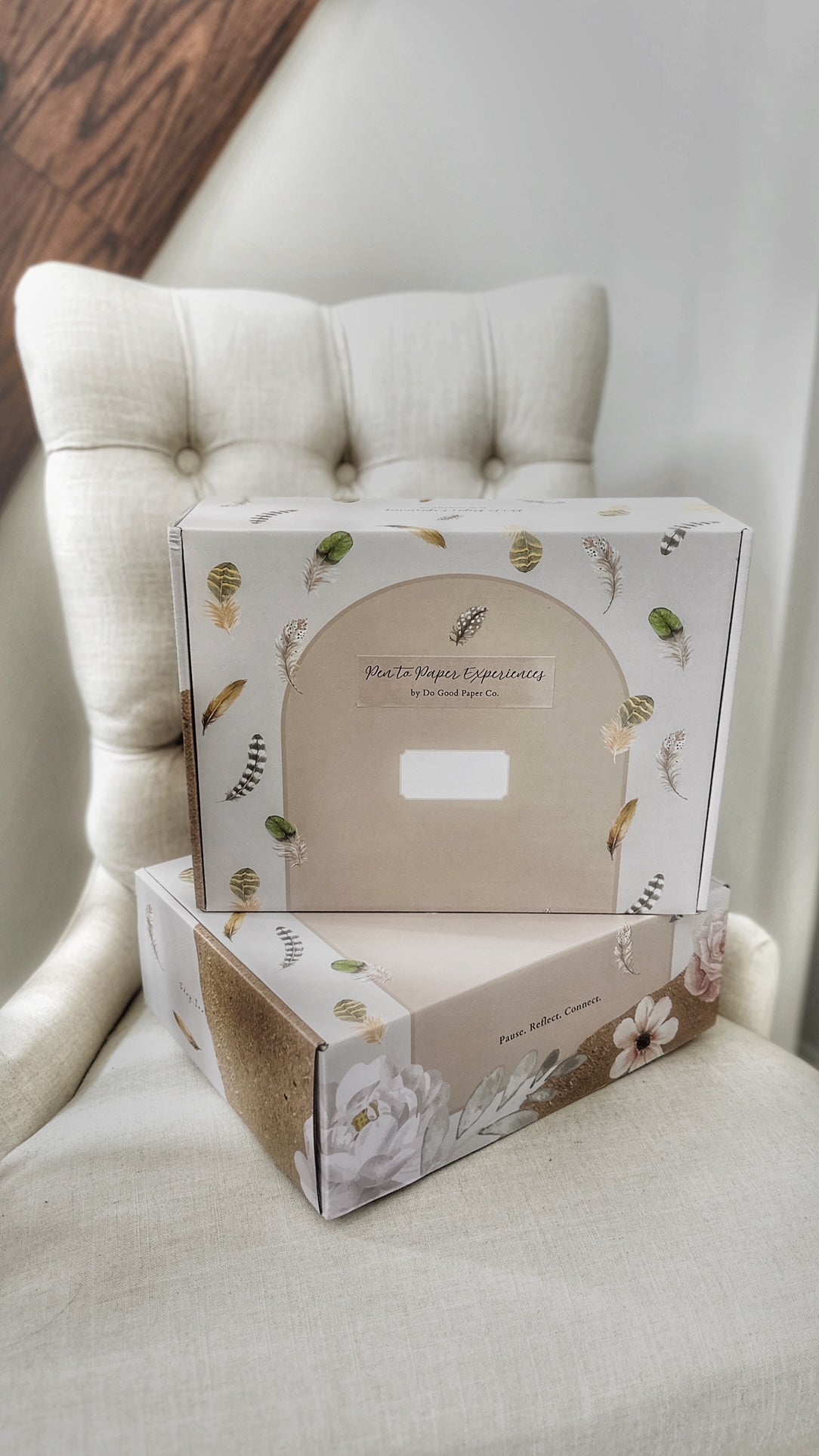 Pen To Paper Stationery Boxes on white chair