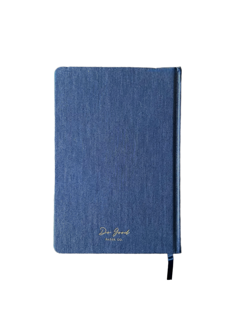 Back of denim journal with gold Do Good Paper Co. logo