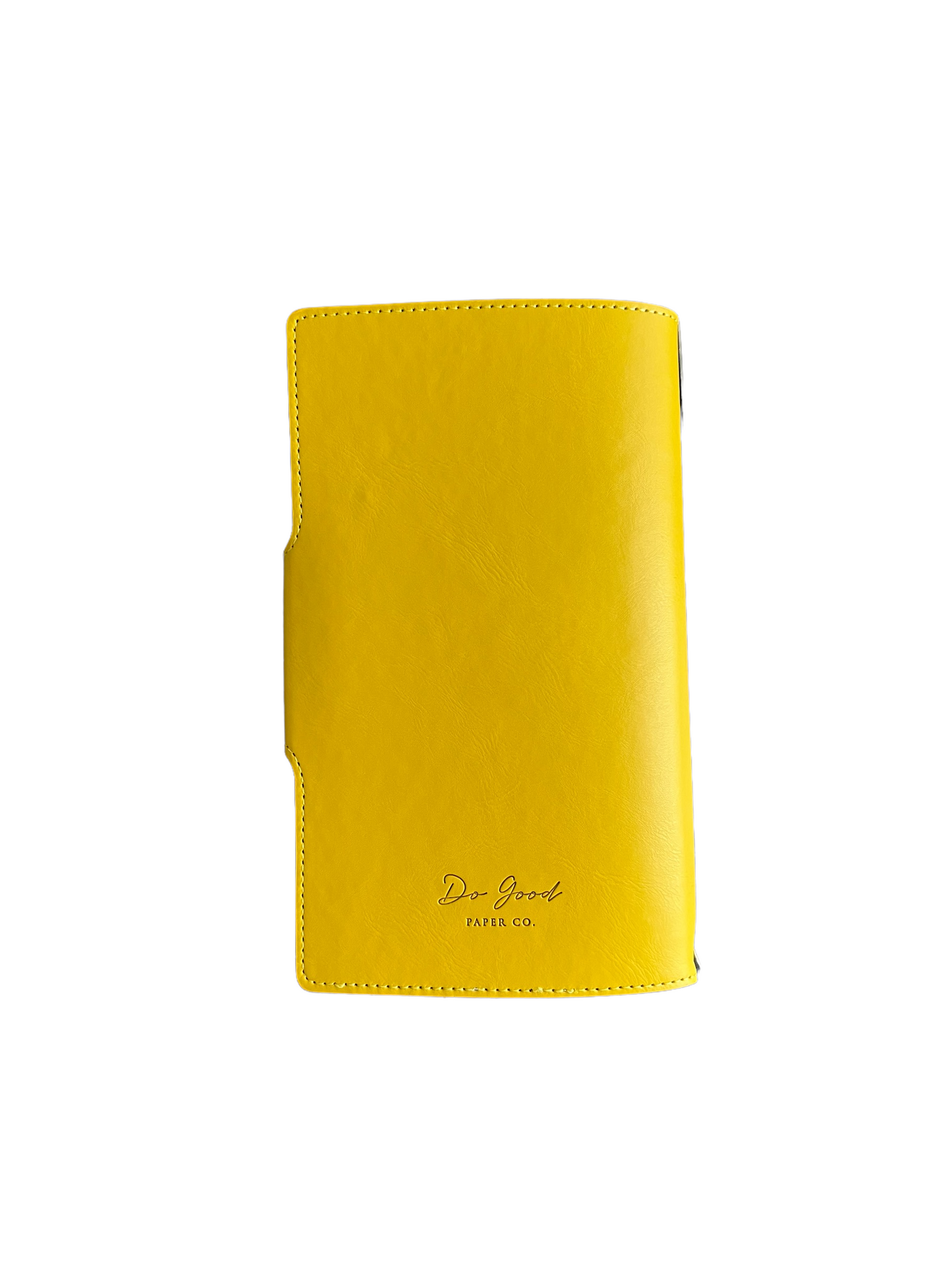 Back of travel folio with Do Good Paper Co. logo; seam shown around the vegan leather exterior