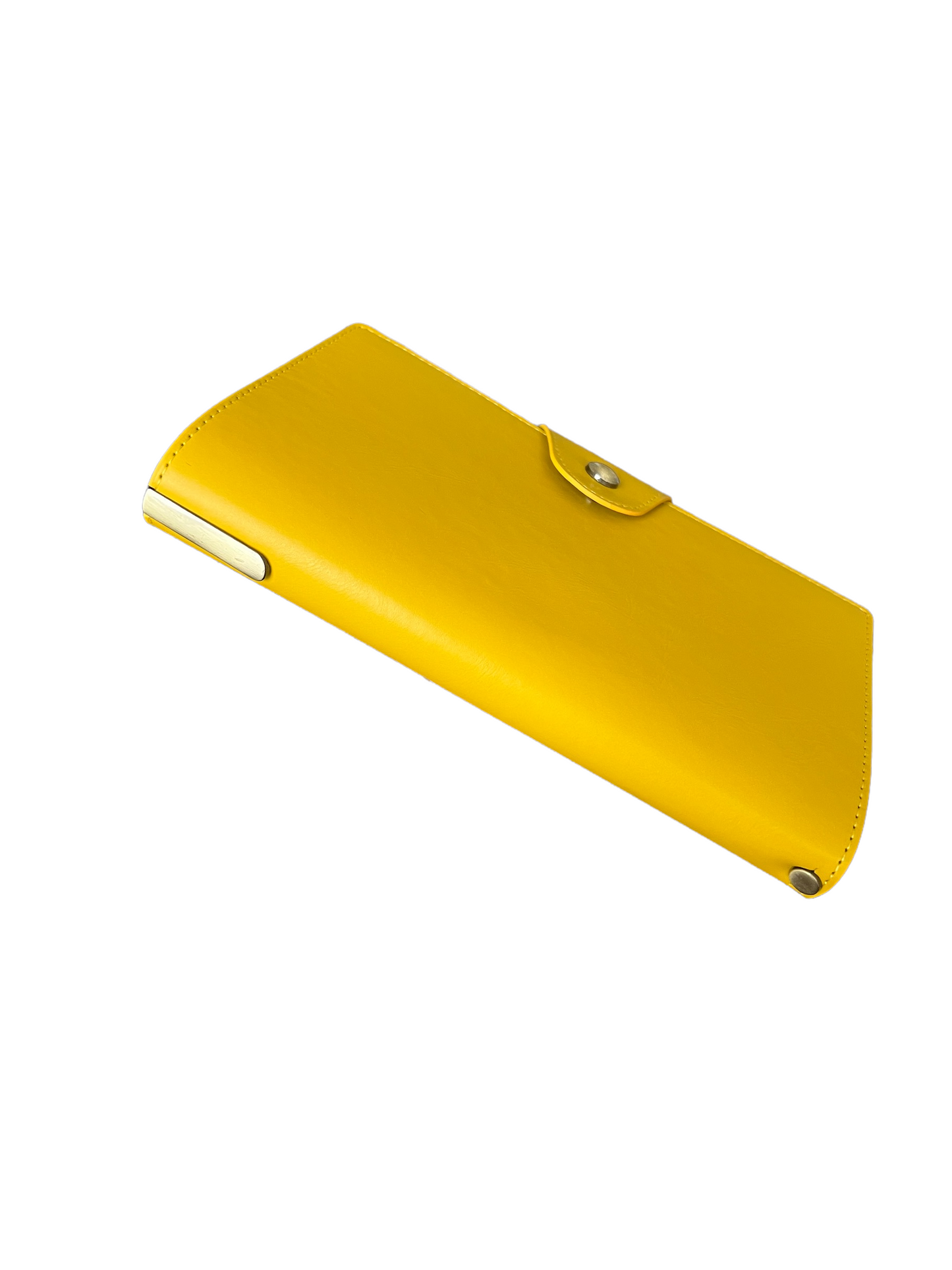 Side view of travel folio with brass hardware and button