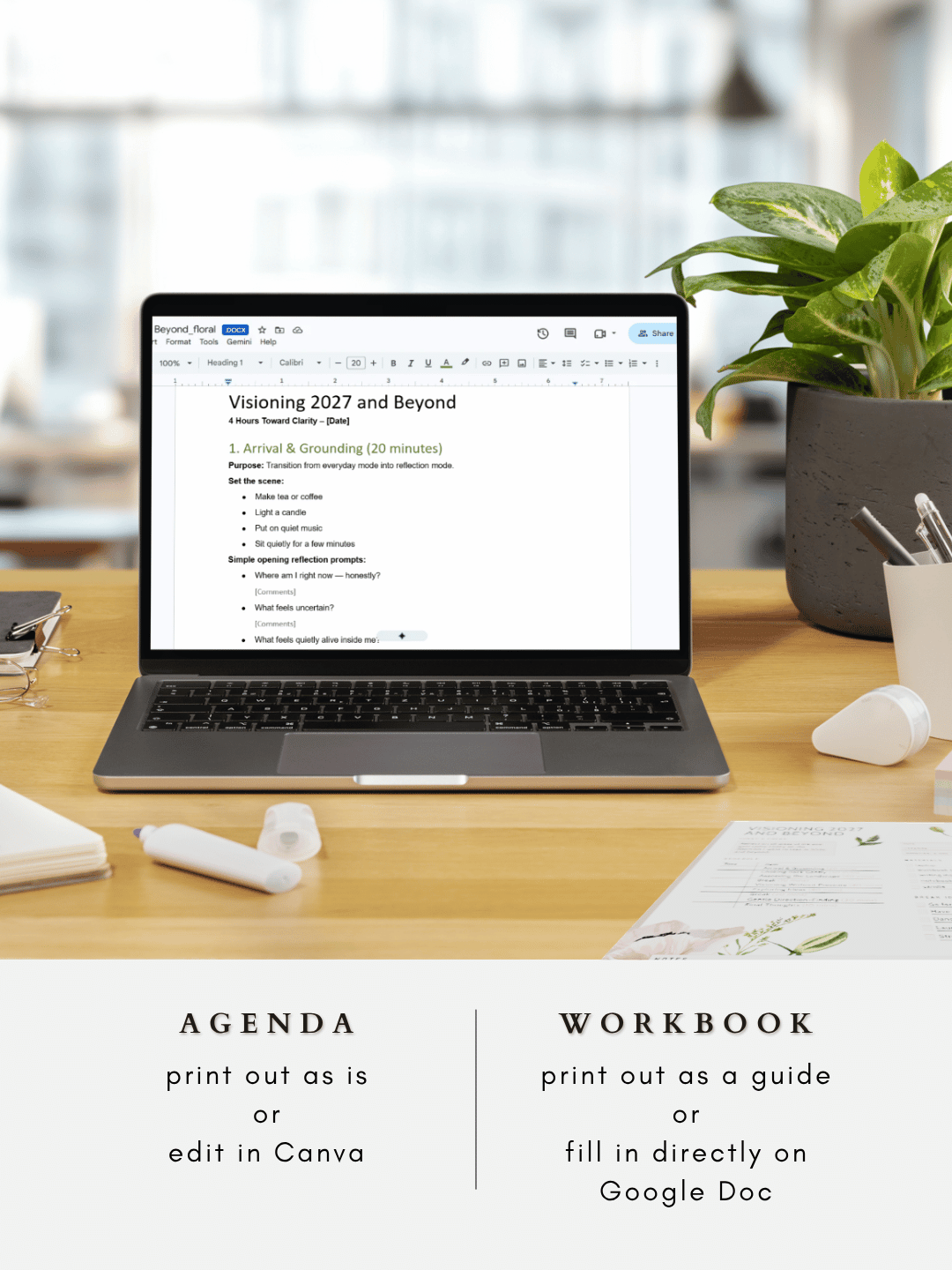 Laptop displaying workbook and agenda on wooden desk