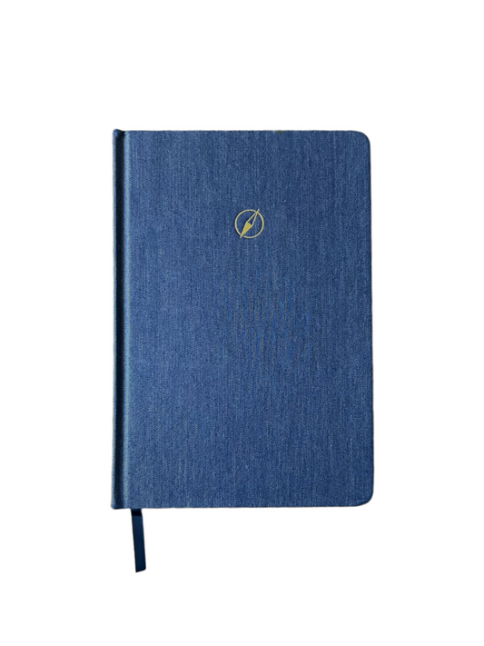 Denim fabric hard cover journal with gold compass on cover
