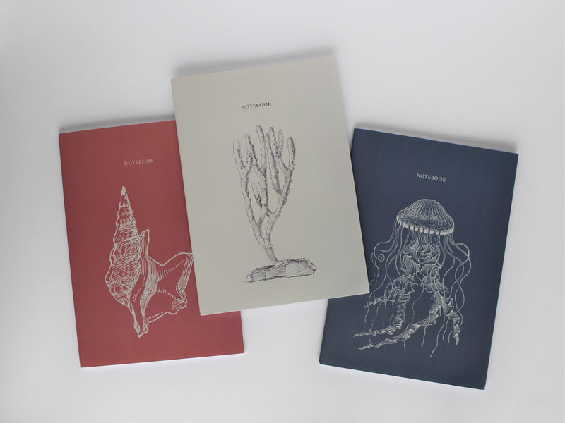 Set of 3 B5 soft cover notebooks - Draw'n to the Sea collection, sea shell, finger sponge, jellyfish