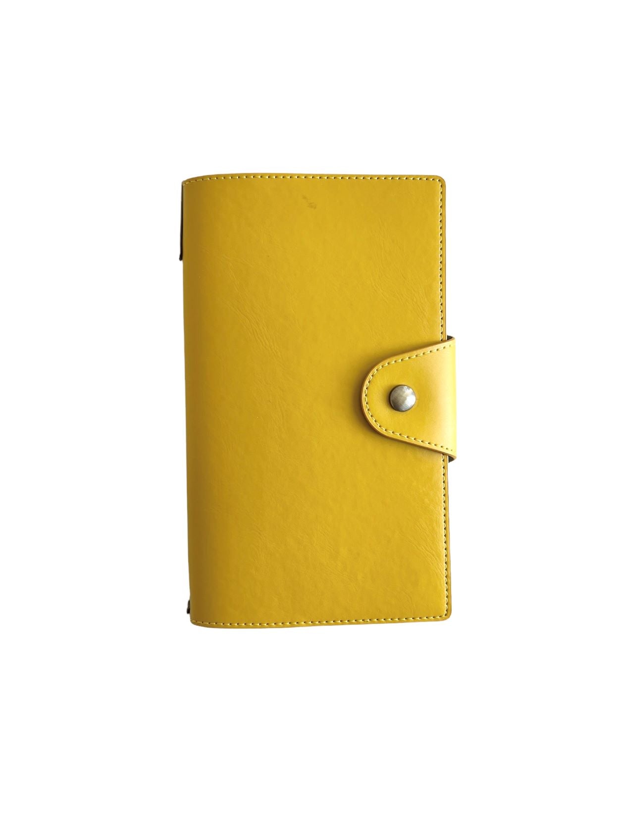 Sunshine yellow travel folio with flap and button closure, portable, interior has card slots and 2 travel notebooks