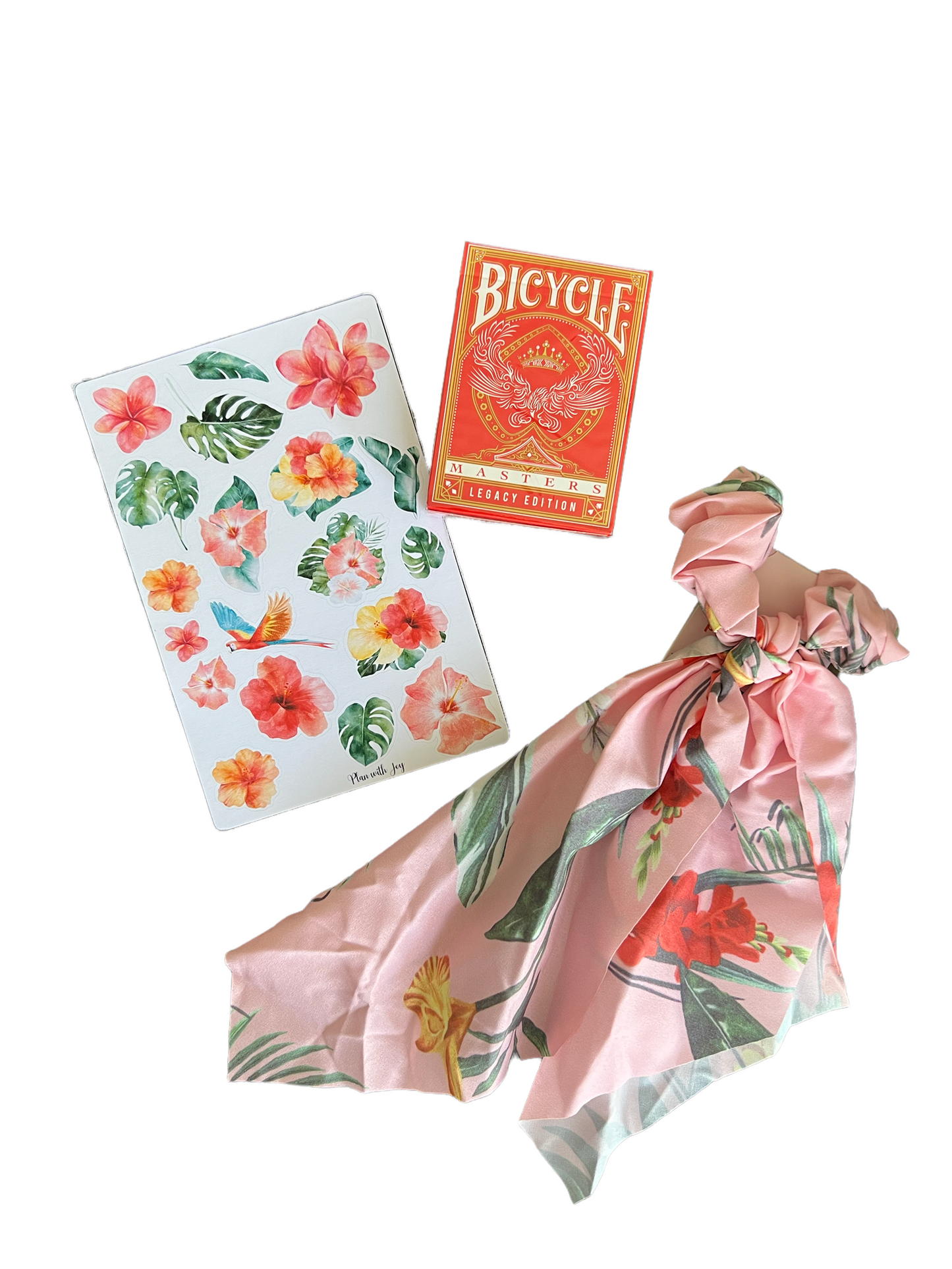Tropical bujo stickers, hair scrunchie and red Bicycle playing cards