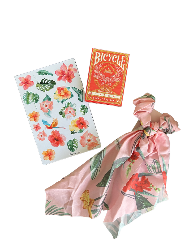 Tropical bujo stickers, hair scrunchie and red Bicycle playing cards